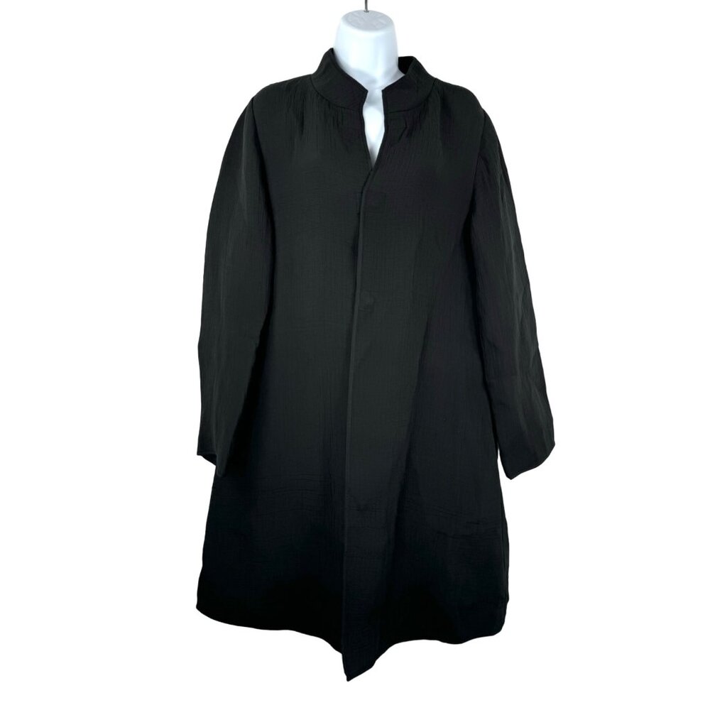 Eileen Fisher silk blend lagen look crinkle button front jacket black sz M‎